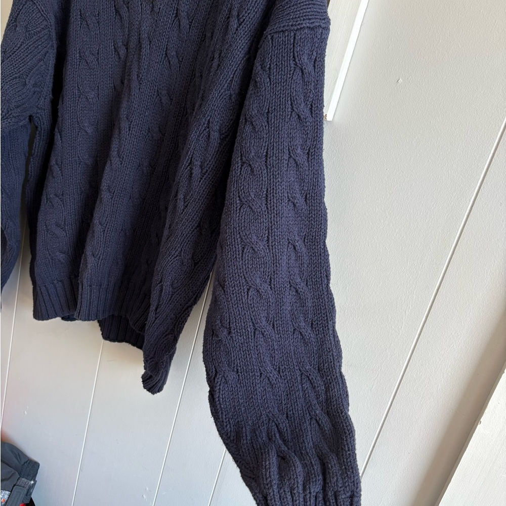 Women’s XL Vintage Gap Cable Knit 100% Cotton Sweater Navy & Green Plaid V Neck - Picture 8 of 11